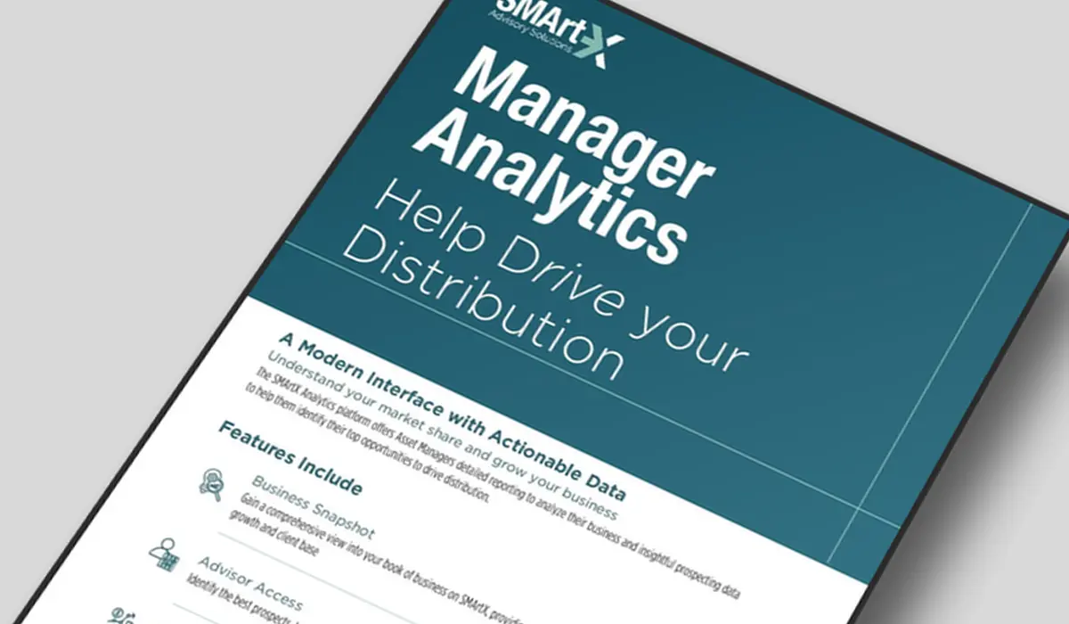 SMArtX Advisory Solutions Platform Tools brochure showing six platform capabilities: UMA Account Structure, Rebalancer, Proposal Construction, Tax Transition Management, Tax Loss Harvester, and Manager Marketplace.